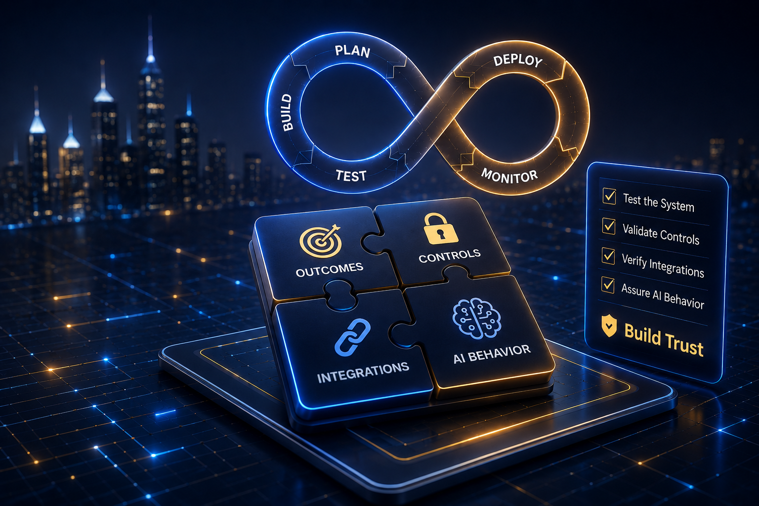 Executive visual showing AI-era validation, trust, controls, integrations, and continuous assurance